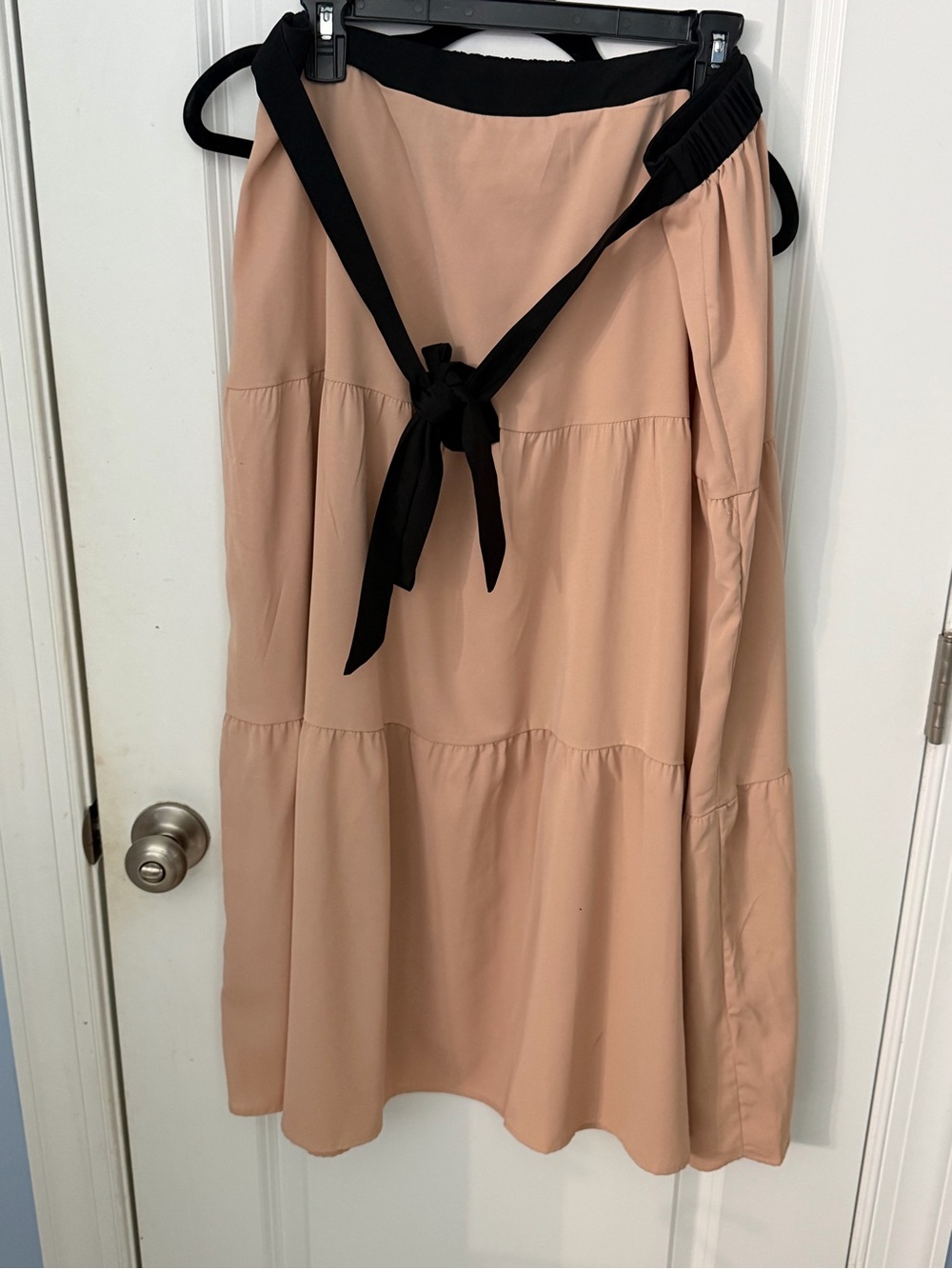 SHEIN Beige Tiered Maxi Skirt with Black Waist Tie